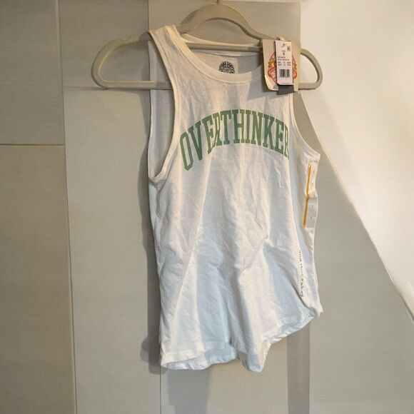 NWT See The Way I See Womens Cream Graphic Tank Top Size Small Overthinker & Tha - Picture 2 of 3